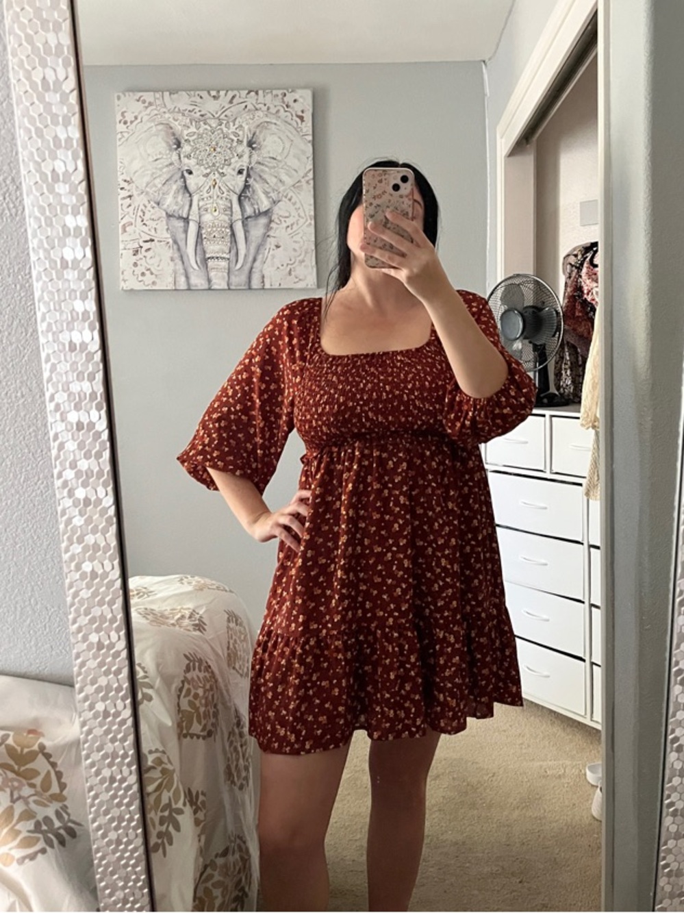 Smocked Shirred Square-Neck 3/4 Sleeve Mini Boho Dress in Rust Floral M Medium